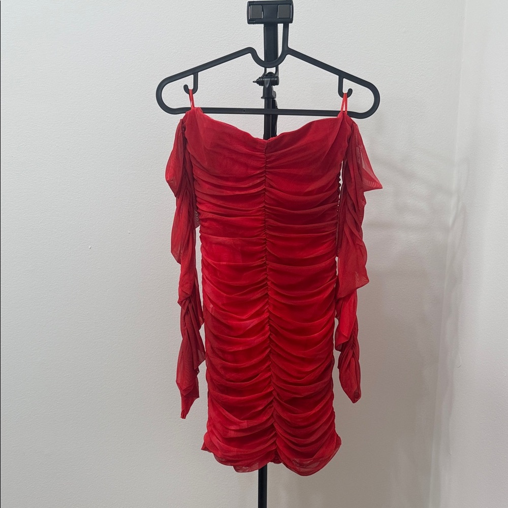 Red Off-Shoulder Ruched Dress - Picture 3 of 6